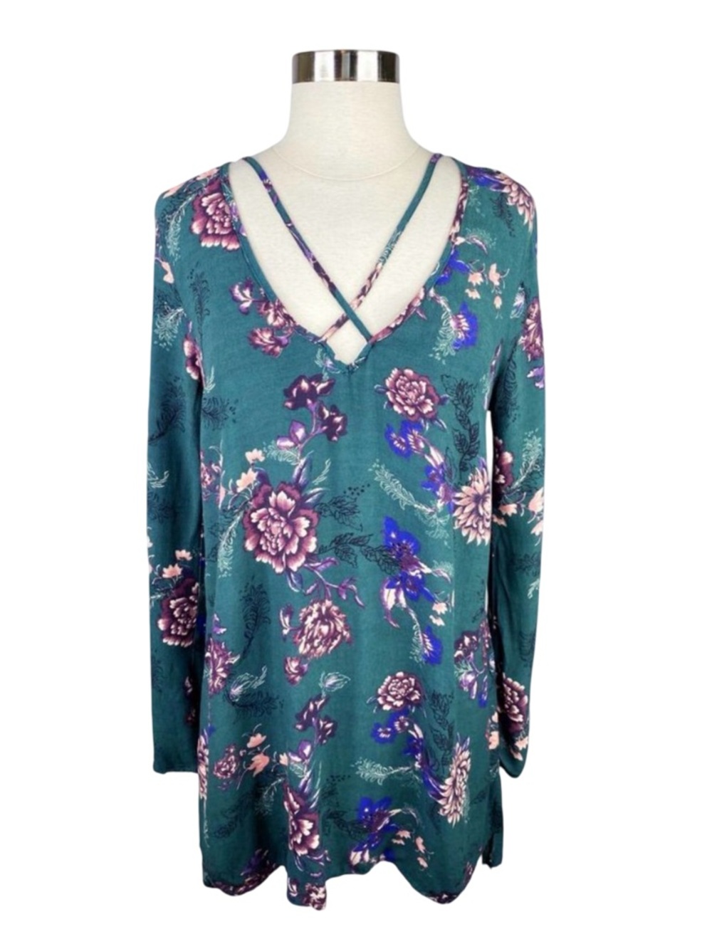 Free People Green Floral Criss Cross Swing Dress/Tunic - Picture 1 of 5